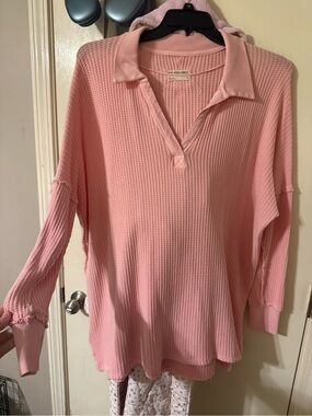 We The Free Light Pink Waffle Knit Polo Sweater